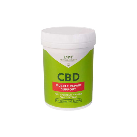 LMVP Adaptogenic Fusion CBD Muscle Repair Support capsules for reducing inflammation and aiding muscle recovery.