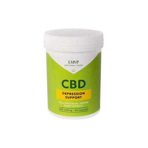 LMVP Adaptogenic Fusion CBD Depression Support capsules in a green and white container, promoting emotional well-being.