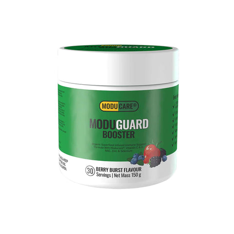 Moducare Moduguard Booster jar, berry burst flavor, 150g, supports immunity and wellness with plant compounds.