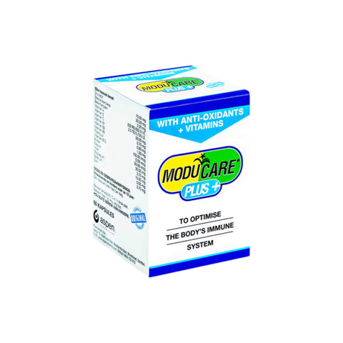 Moducare Plus supplement box featuring vitamins and antioxidants for immune system support.