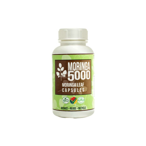 Moringa 5000 vegan capsules bottle, showcasing nutrient-dense moringa leaf, ideal for health and wellness.