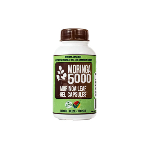 Moringa 5000 Gel Capsules bottle, a nutritional supplement for health benefits, featuring Moringa leaf extract.