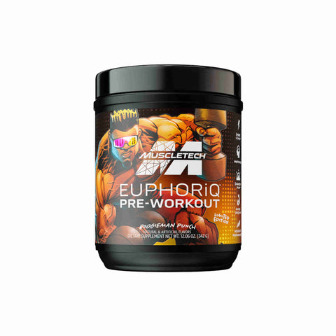 Muscletech EuphoriQ Pre-Workout supplement in watermelon candy flavor, promoting energy and focus without crashes.