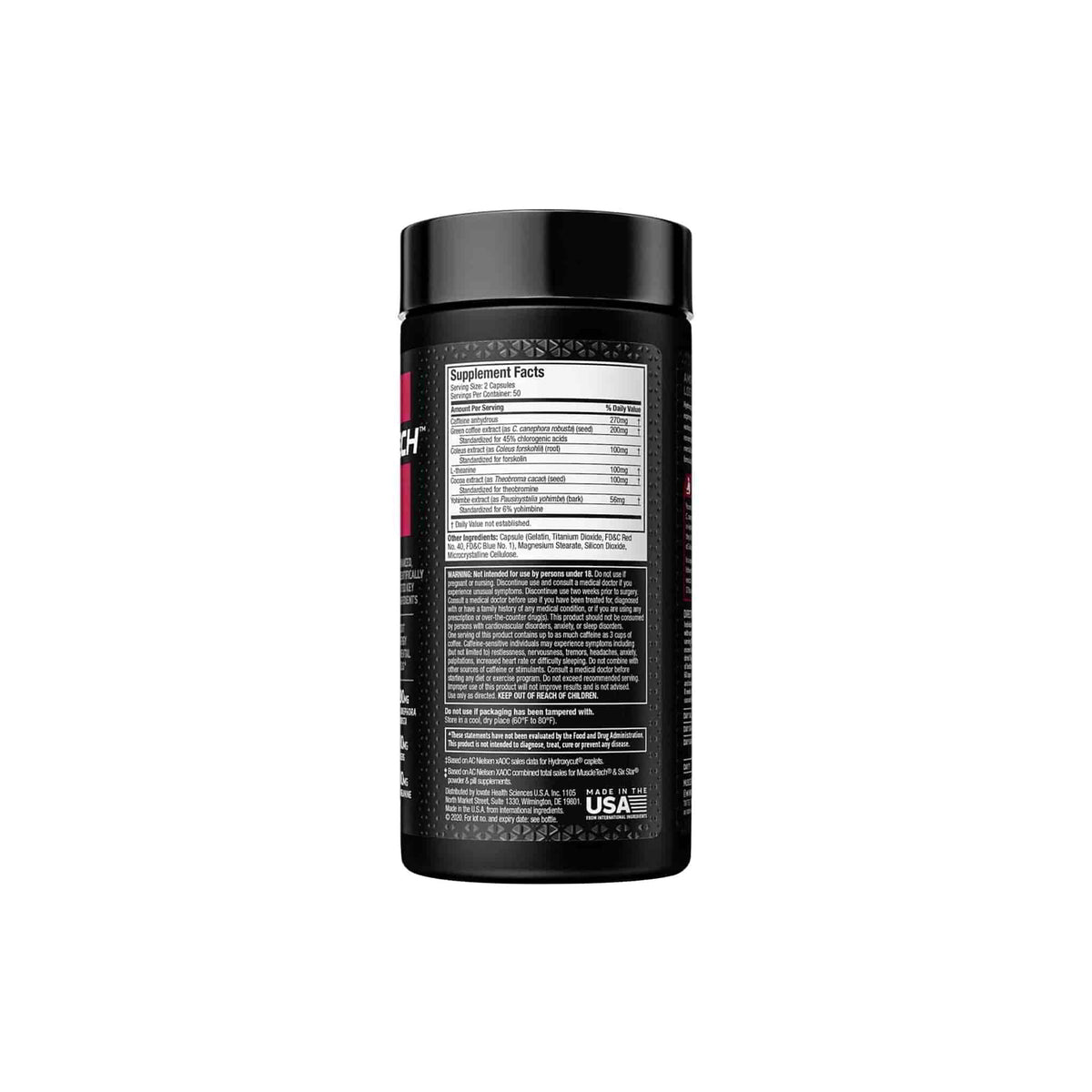 Muscletech Hydroxycut Hardcore Elite supplement facts label showing ingredients and nutritional information.