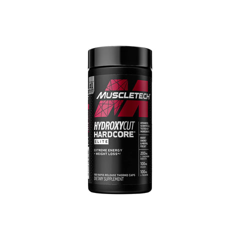 Muscletech Hydroxycut Hardcore Elite bottle, a thermogenic supplement for energy and weight loss.