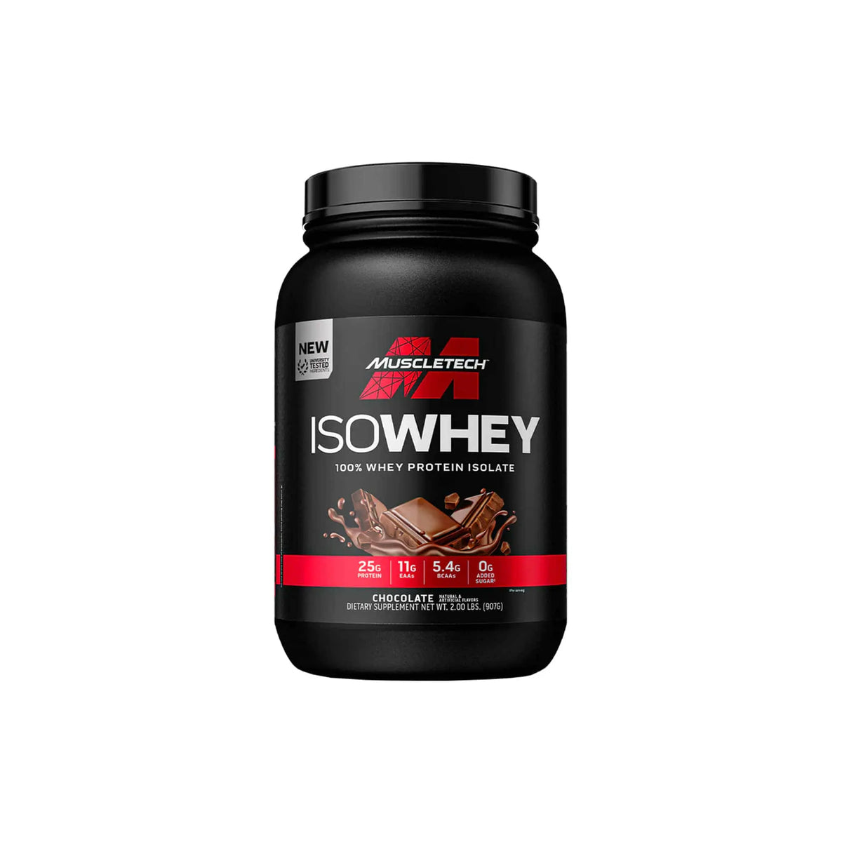 Muscletech IsoWhey 100% Whey Protein Isolate chocolate flavor container with 25g protein per serving.