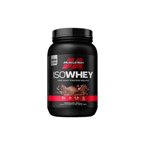 Muscletech IsoWhey 100% Whey Protein Isolate chocolate flavor container with 25g protein per serving.