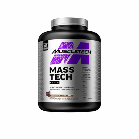 Muscletech Mass Tech Elite 2.7Kg protein supplement for muscle mass and strength, featuring chocolate fudge cake flavor.