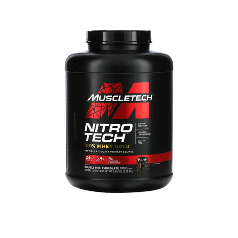 Muscletech Nitro-Tech 100% Whey Gold protein tub, 2.27kg, featuring double rich chocolate flavor and 24g protein per scoop.