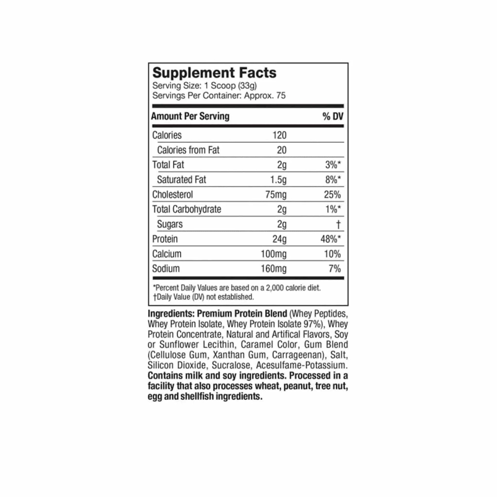 Supplement facts for Muscletech Nitro-Tech 100% Whey Gold showing nutritional information and ingredients per serving.