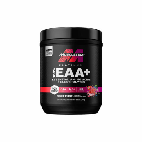 Muscletech Platinum 100% EAA+ with electrolytes, essential amino acids, grape flavor, 30 servings, muscle recovery support.