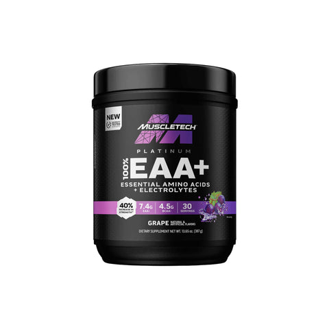 Muscletech Platinum 100% EAA+ with electrolytes, essential amino acids, grape flavor, 30 servings, muscle recovery support.