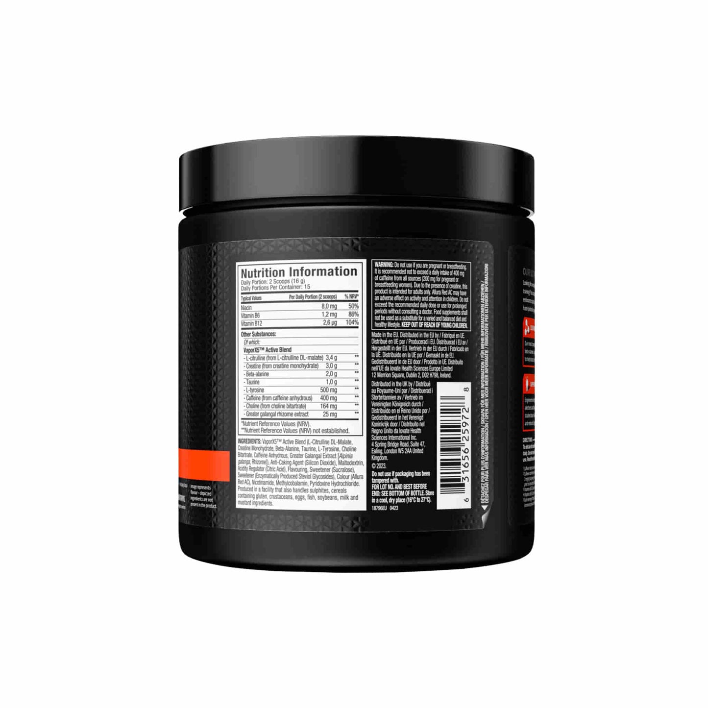 Muscletech Vapor X5 Next Gen nutritional information and ingredients label on black container.