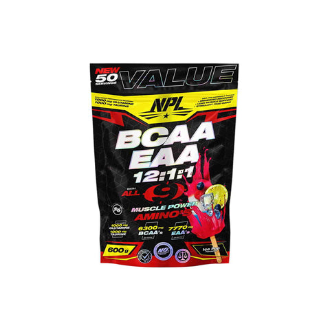 NPL BCAA EAA amino acids supplement 50 servings for muscle recovery and growth, 600g packaging with vibrant design.