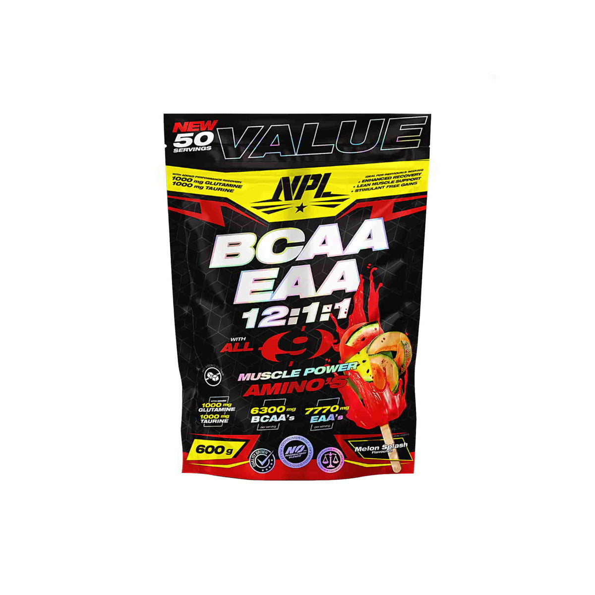 NPL BCAA EAA Aminos 50 Serving pack featuring essential amino acids for muscle recovery and growth.
