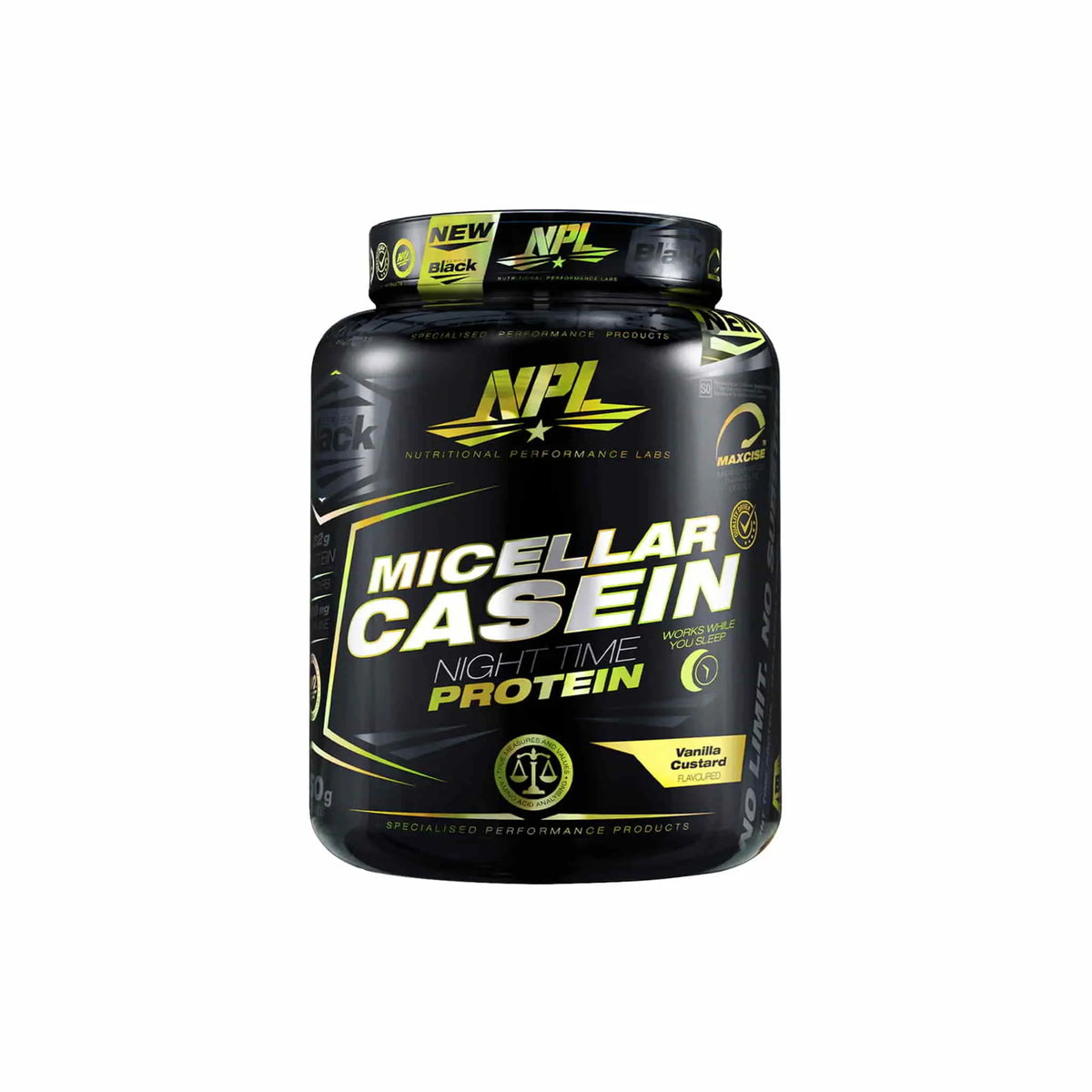 NPL Micellar Casein nighttime protein supplement in vanilla flavor, 22g protein, designed for slow amino acid release.