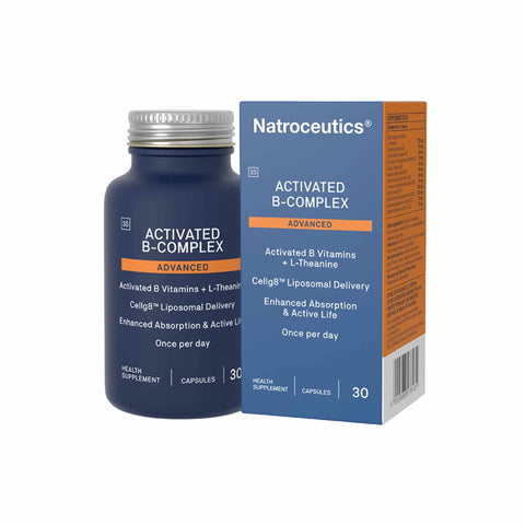 Natroceutics Activated B-Complex Advanced supplement bottle with 30 capsules, featuring enhanced absorption and liposomal delivery.