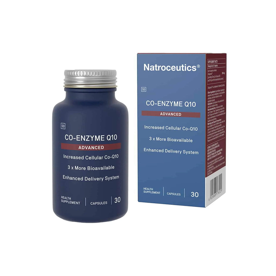 Natroceutics Co-Enzyme Q10 Advanced supplement bottle and box packaging, featuring enhanced bioavailability and delivery system.