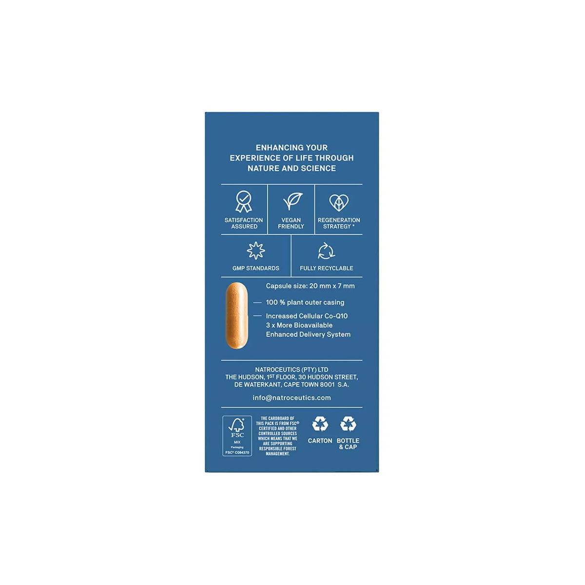 Natroceutics Co-Enzyme Q10 Advanced product label featuring capsule details and benefits for optimal absorption and health.