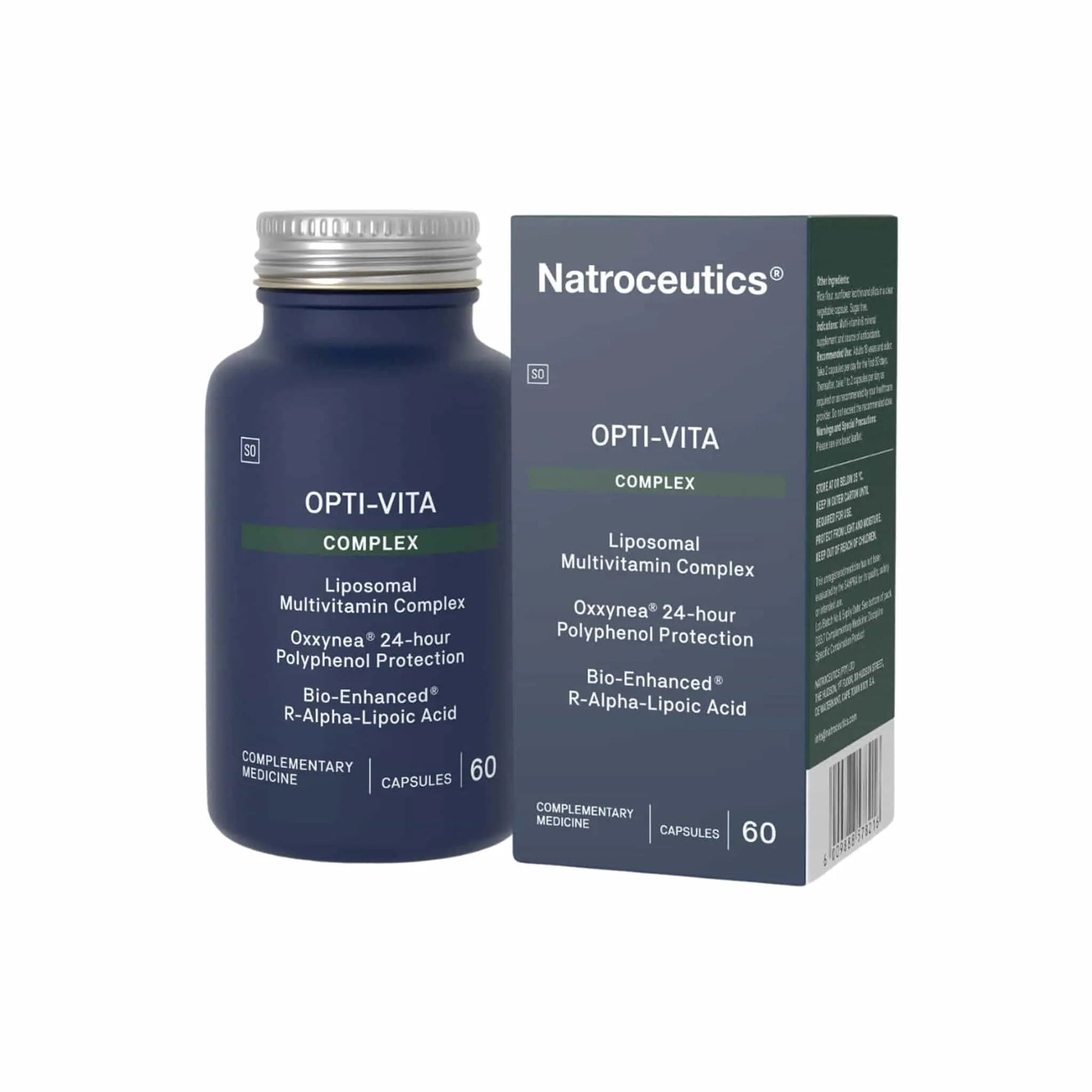 Natroceutics Opti-Vita Complex liposomal multivitamin capsules with packaging, supporting optimal health and absorption.