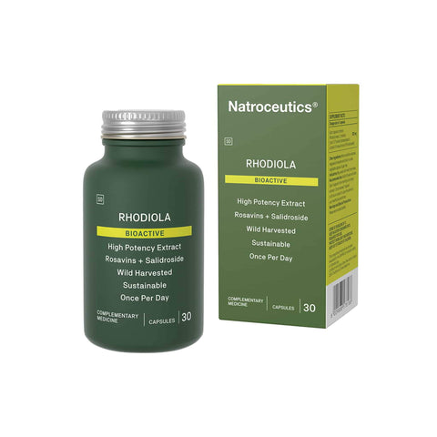 Natroceutics Rhodiola supplement bottle and box, high potency extract, sourced from wild-harvested plants, 30 capsules.