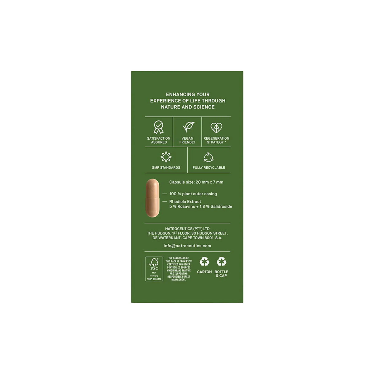 Natroceutics Rhodiola supplement information label, highlighting ingredients and sustainability features.