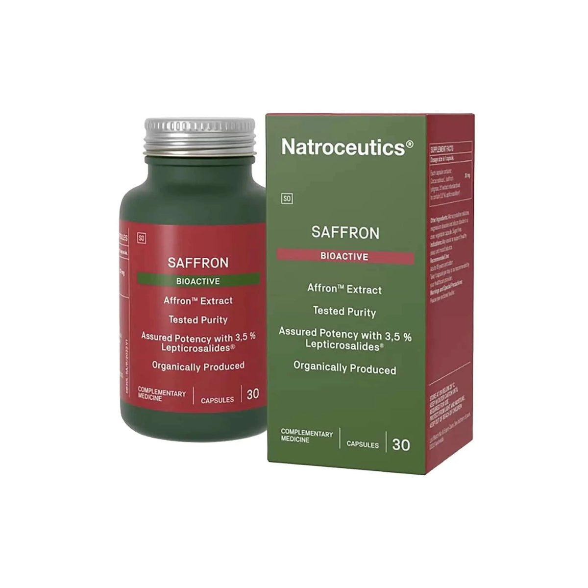 Natroceutics Saffron Bioactive capsules bottle and box, promoting mental health support and organic purity.
