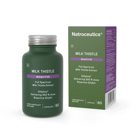 Natroceutics Milk Thistle supplement bottle and packaging for liver health support with bioactive silybin extract.