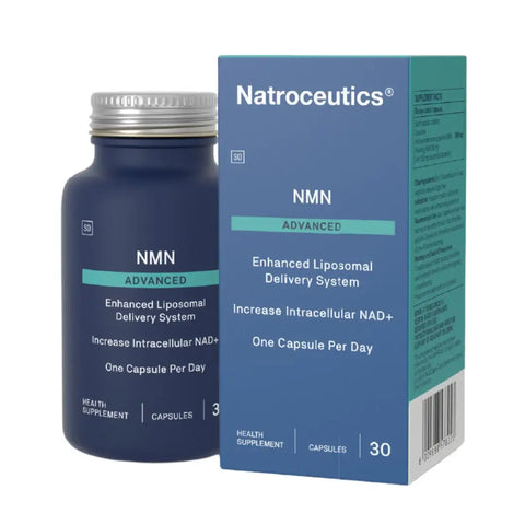 Natroceutics NMN Advanced supplement bottle and box, promoting increased intracellular NAD+ for wellness.