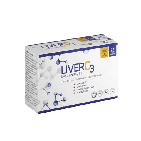 Natura Liver C3 supplement box featuring 20 capsules for liver health and detox support.