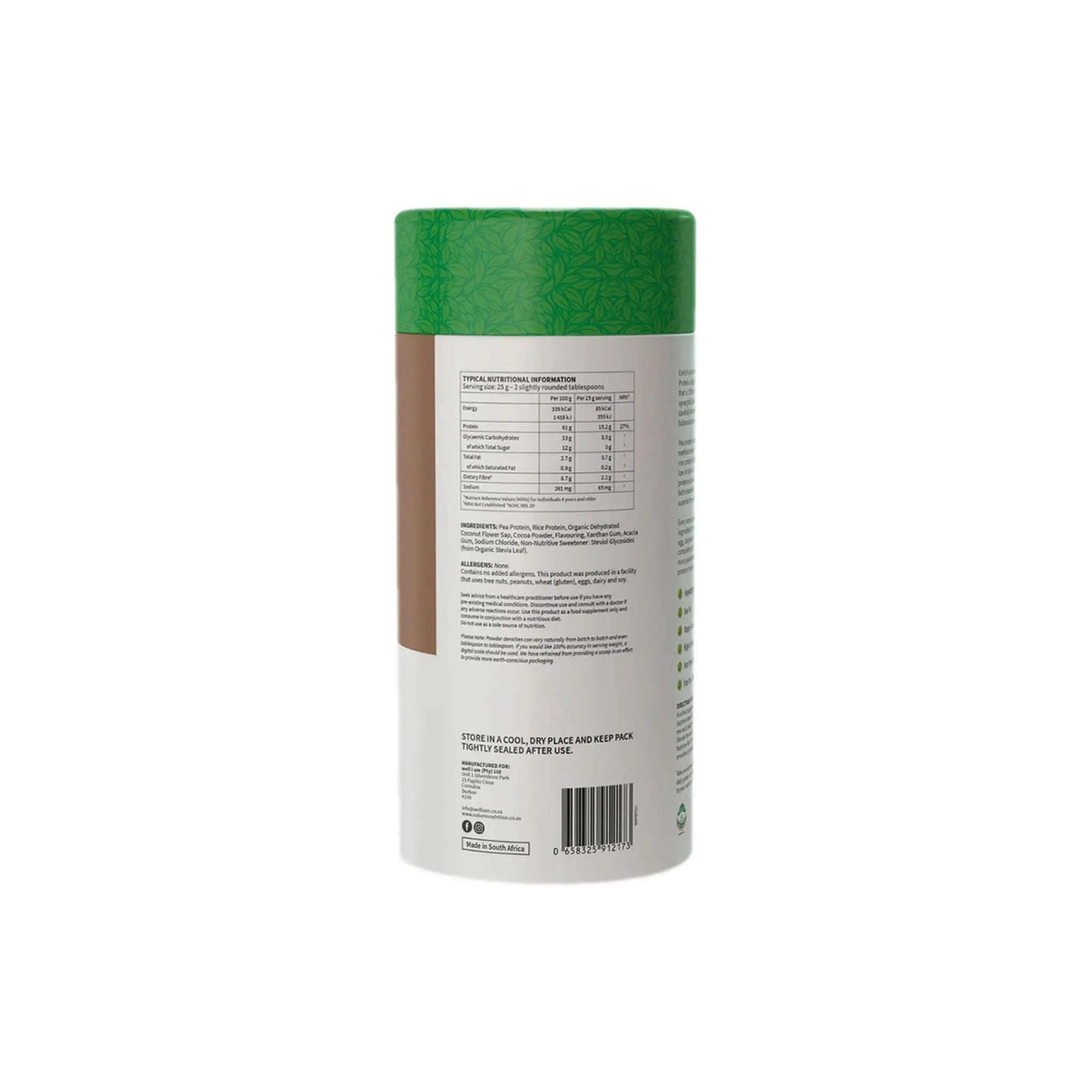 Nature's Nutrition Plant Protein packaging, highlighting nutritional information and vegan-friendly ingredients.