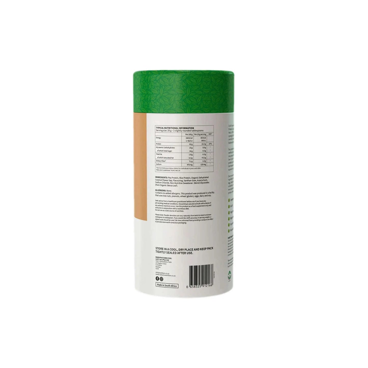 Back view of Nature’s Nutrition Plant Protein container showcasing nutritional information and vegan-friendly attributes.