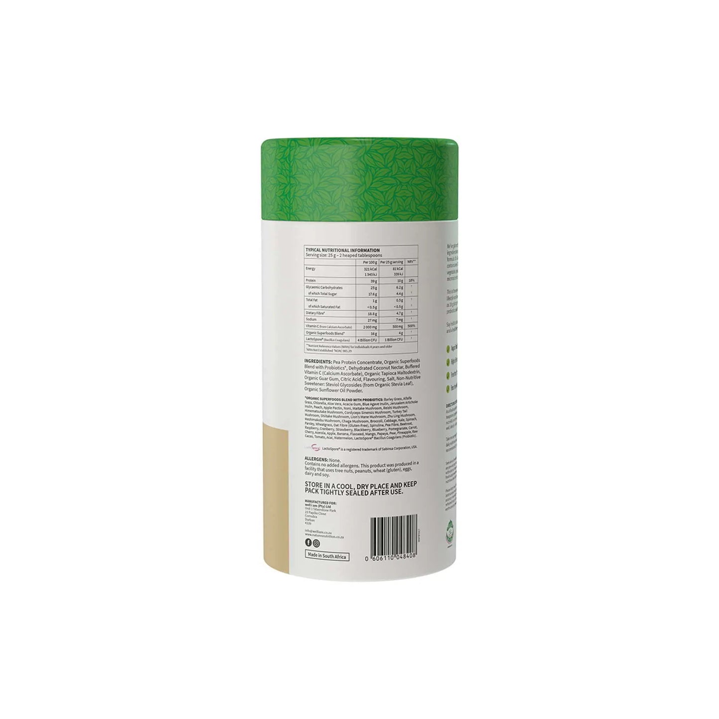 Back view of Nature’s Nutrition Super Greens & Reds container showing nutritional information and ingredients list.