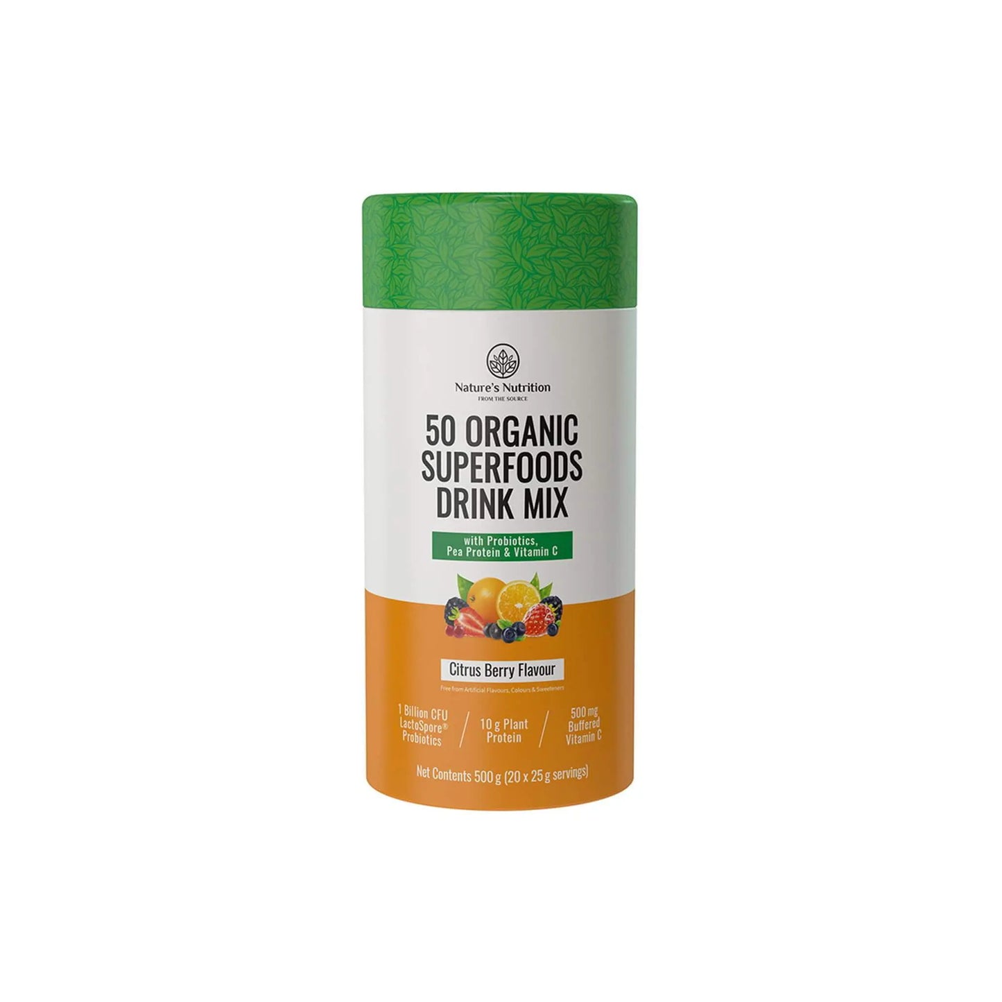 Nature's Nutrition 50 Organic Superfoods Drink Mix, Citrus Berry flavor, packed with probiotics and plant protein.