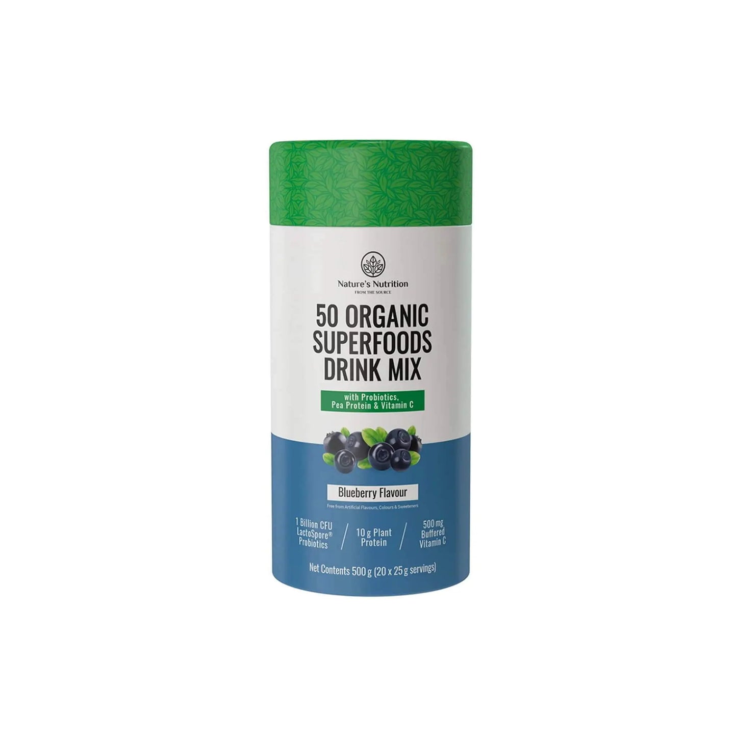Nature's Nutrition 50 Organic Superfoods Drink Mix in Blueberry flavour, featuring 10g plant protein and probiotics.