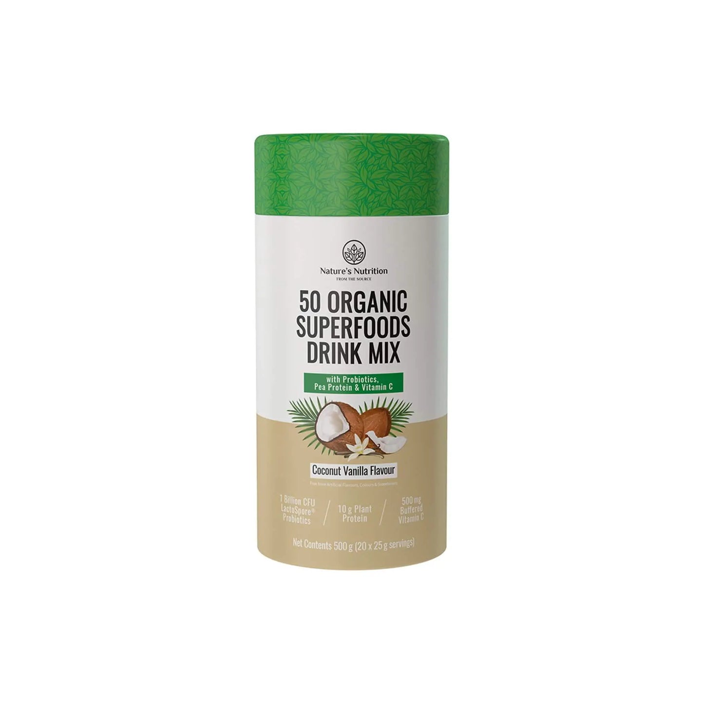 Nature's Nutrition 50 Organic Superfoods Drink Mix in Coconut Vanilla flavor, featuring 50 superfoods and probiotics.