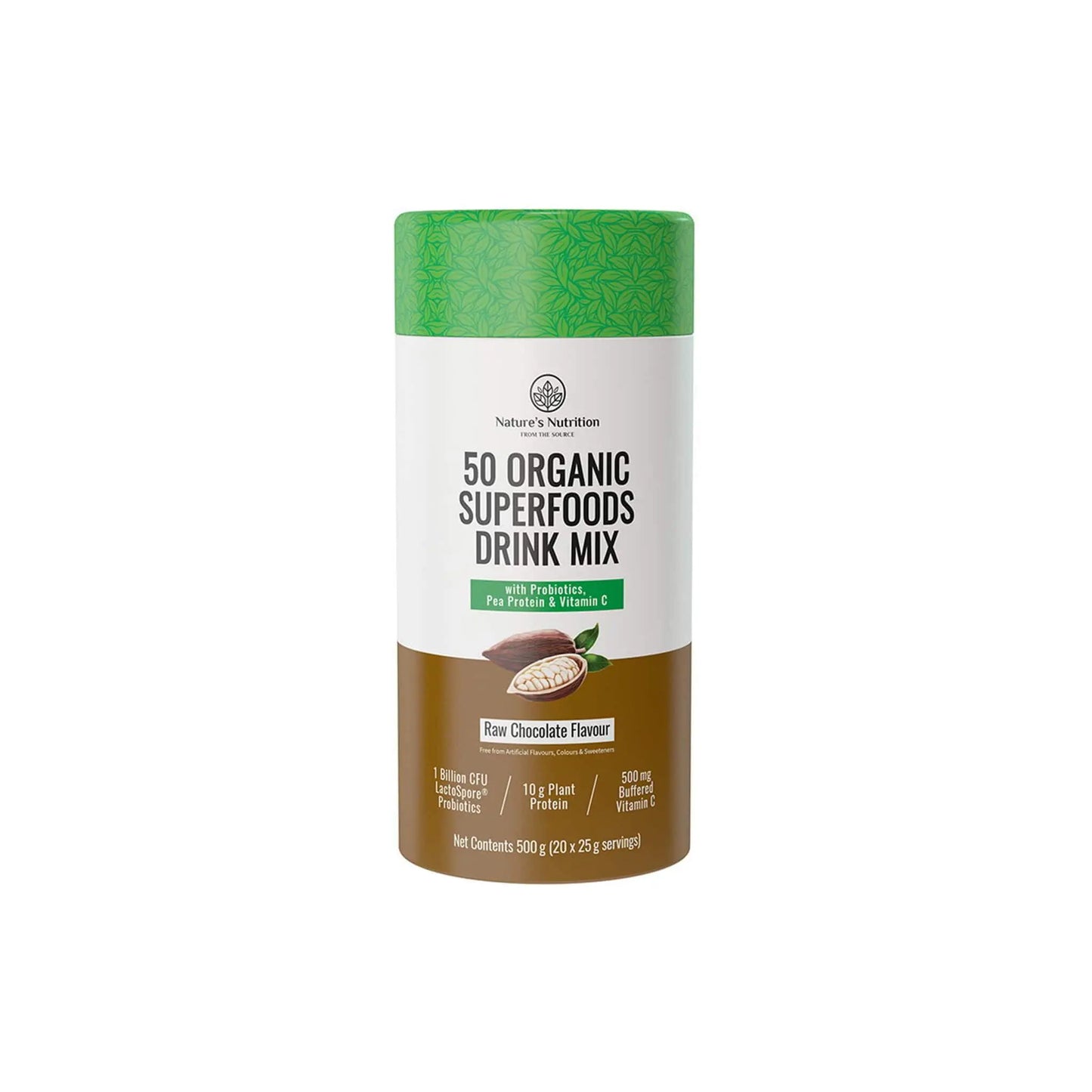 Nature's Nutrition 50 Organic Superfoods Drink Mix in raw chocolate flavor, featuring 10g of plant protein and essential vitamins.