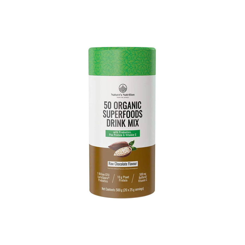 Nature's Nutrition 50 Organic Superfoods Drink Mix in raw chocolate flavor, featuring 10g of plant protein and essential vitamins.