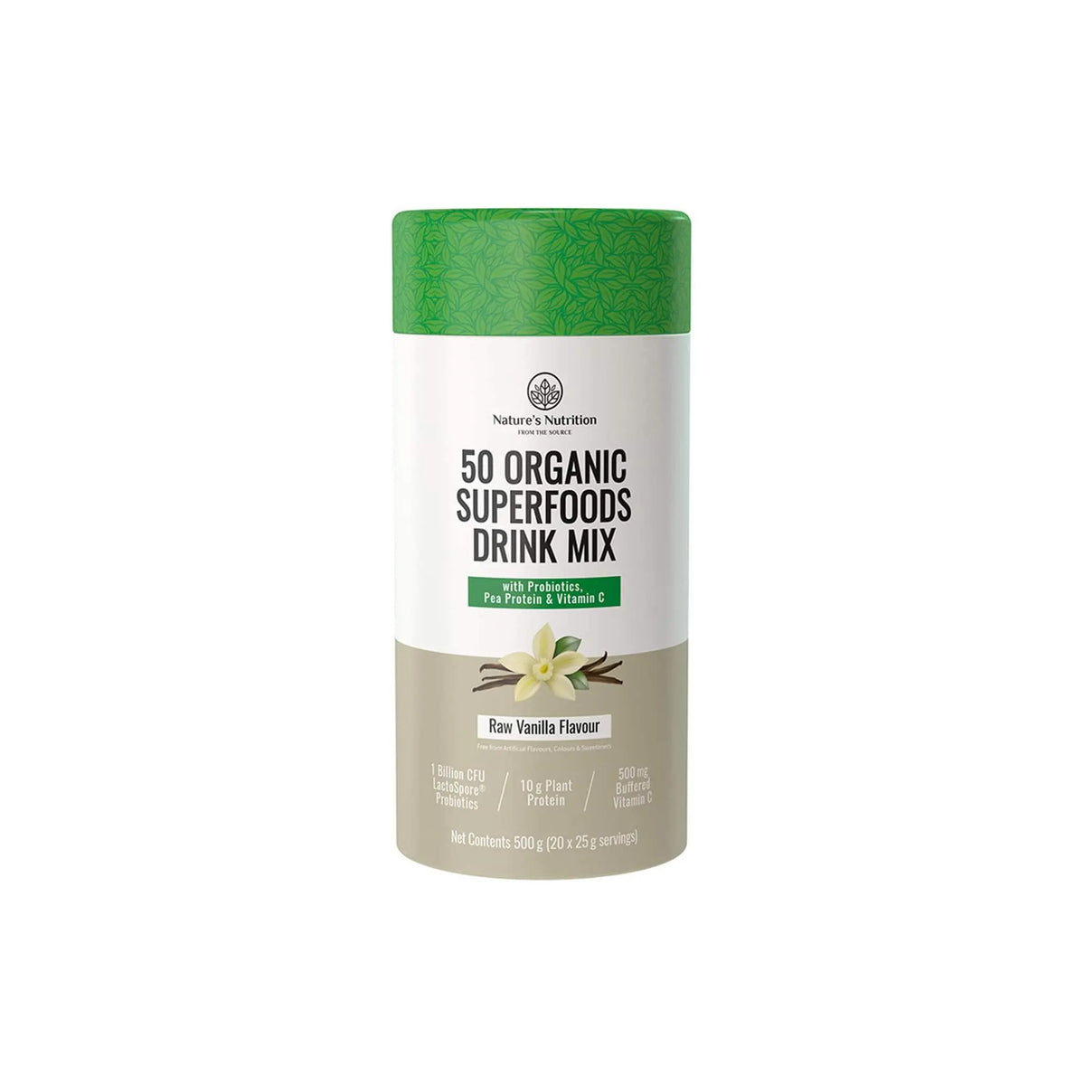 Nature’s Nutrition 50 Organic Superfoods Drink Mix in raw vanilla flavor, featuring probiotics and plant protein for health benefits.
