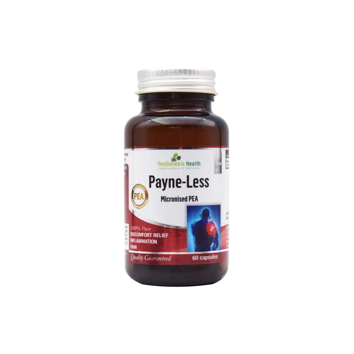NeoGenesis Health Payne-Less supplement bottle with 60 capsules for natural pain relief and inflammation management.