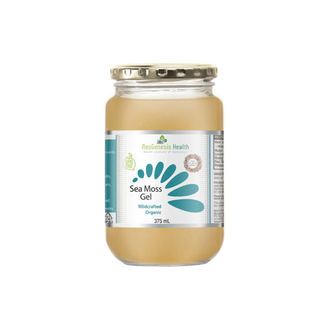 Neogenesis Sea Moss Gel in a jar, 375 mL, featuring nutrient-rich Irish sea moss for health benefits.