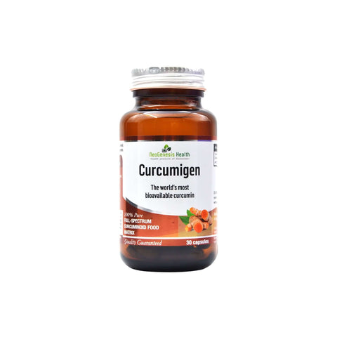 NeoGenesis Curcumigen bottle featuring bioavailable curcumin capsules for enhanced absorption and anti-inflammatory support.