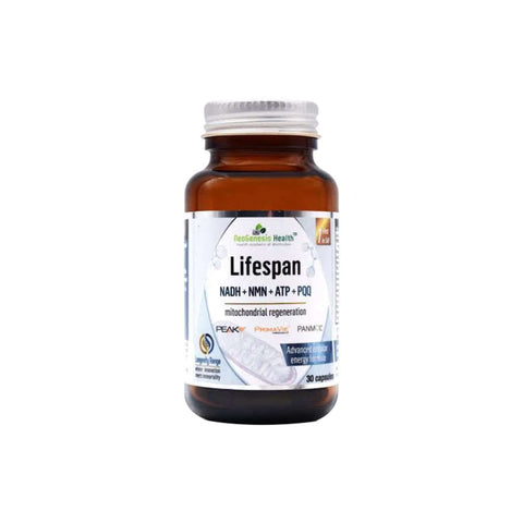 NeoGenesis Health Lifespan supplement bottle, featuring NADH, NMN, ATP, and PQQ for mitochondrial regeneration.