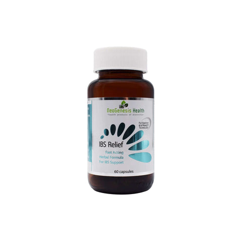 NeoGenesis IBS Relief bottle, 60 capsules for fast-acting herbal digestive support and relief from gastrointestinal discomfort.