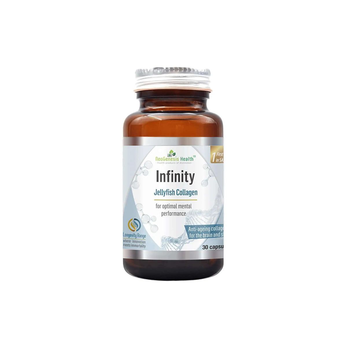 NeoGenesis Infinity Jellyfish Collagen capsules for optimal cognitive function and anti-aging benefits, 30 count bottle.