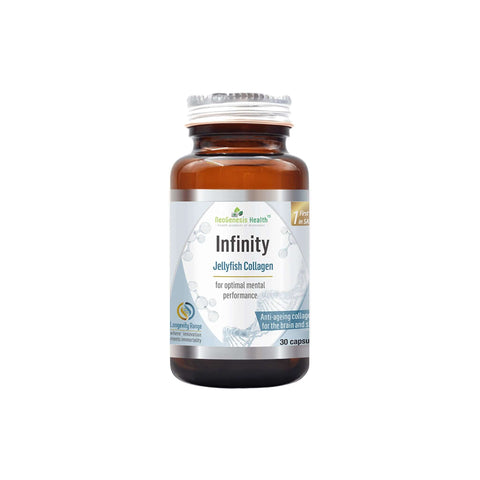 NeoGenesis Infinity Jellyfish Collagen capsules for optimal cognitive function and anti-aging benefits, 30 count bottle.