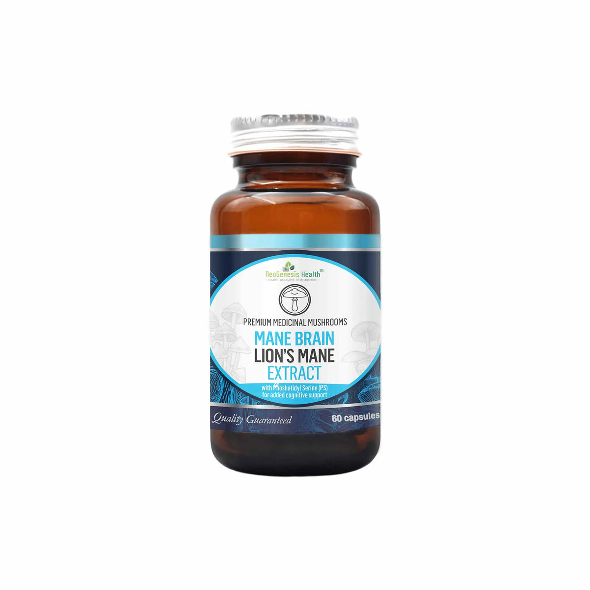 NeoGenesis Mane Brain Lion's Mane supplement bottle with 60 capsules for cognitive enhancement and brain health.