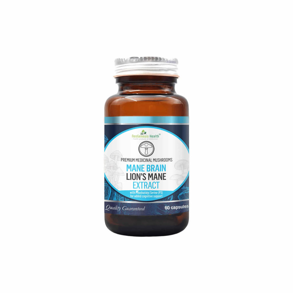 NeoGenesis Mane Brain Lion's Mane supplement bottle with 60 capsules for cognitive enhancement and brain health.