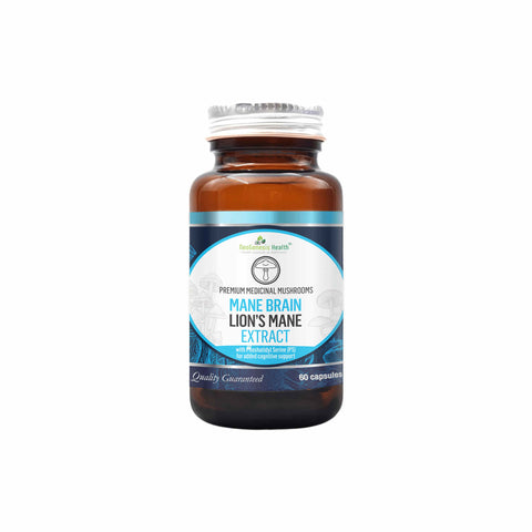 NeoGenesis Mane Brain Lion's Mane supplement bottle with 60 capsules for cognitive enhancement and brain health.