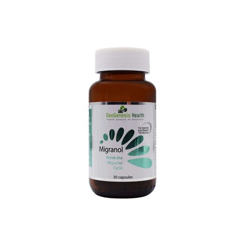 NeoGenesis Migranol supplement bottle with 30 capsules for natural migraine relief from botanical extracts.